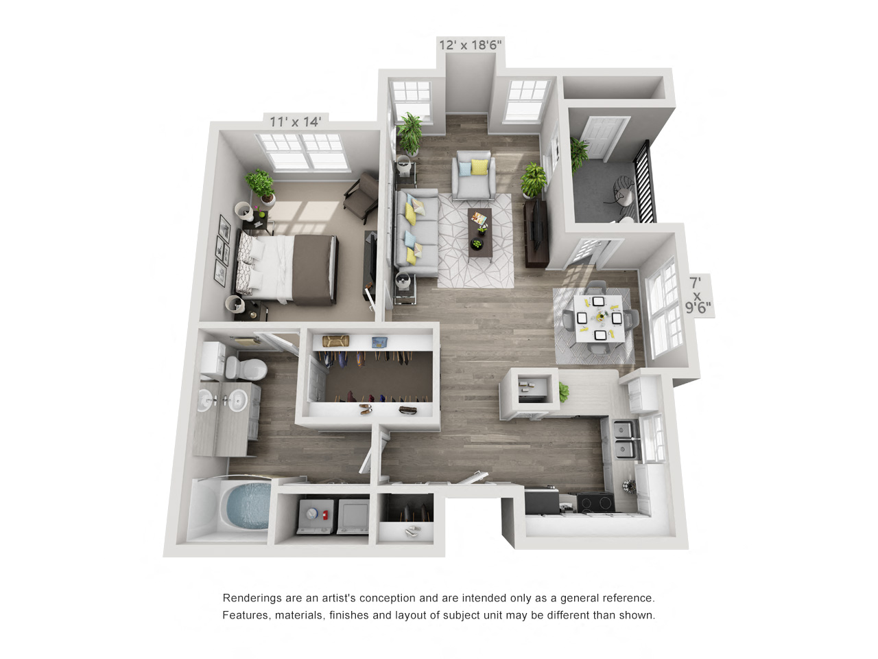 Floor plan for 1 bed, 1 bath, 890 sqft